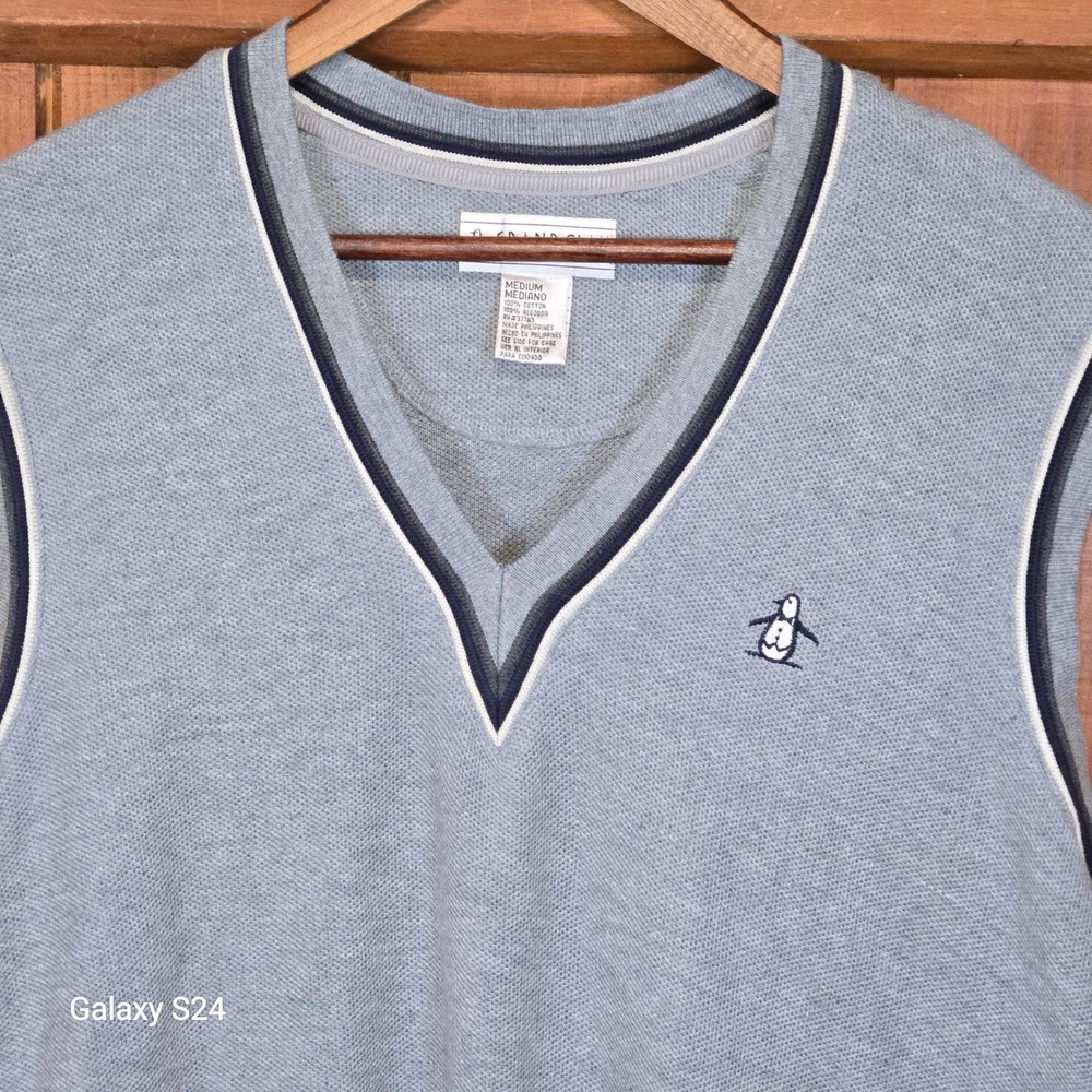 Grand Slam Mens Blue V-Neck Sleeveless Sweater Vest‎ Penguin Logo Cotton Medium